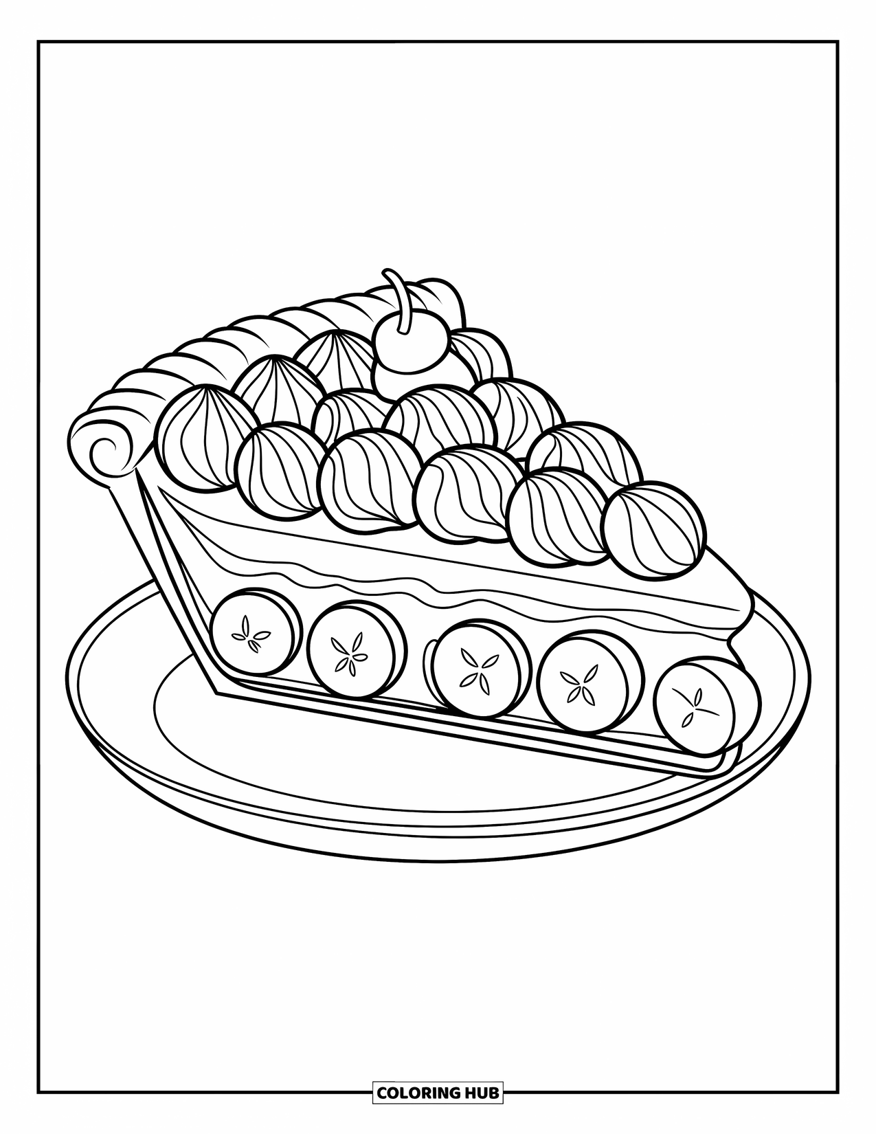 Pie Coloring Page for Kids: Banana cream pie slice with piped cream and a cherry on top
