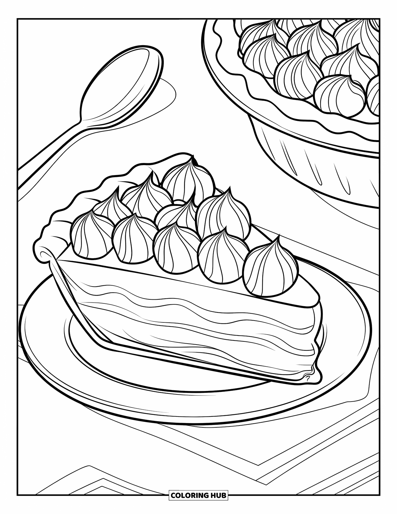 Pie Coloring Page for Kids: Banana cream pie slice with spoon on a clean white background