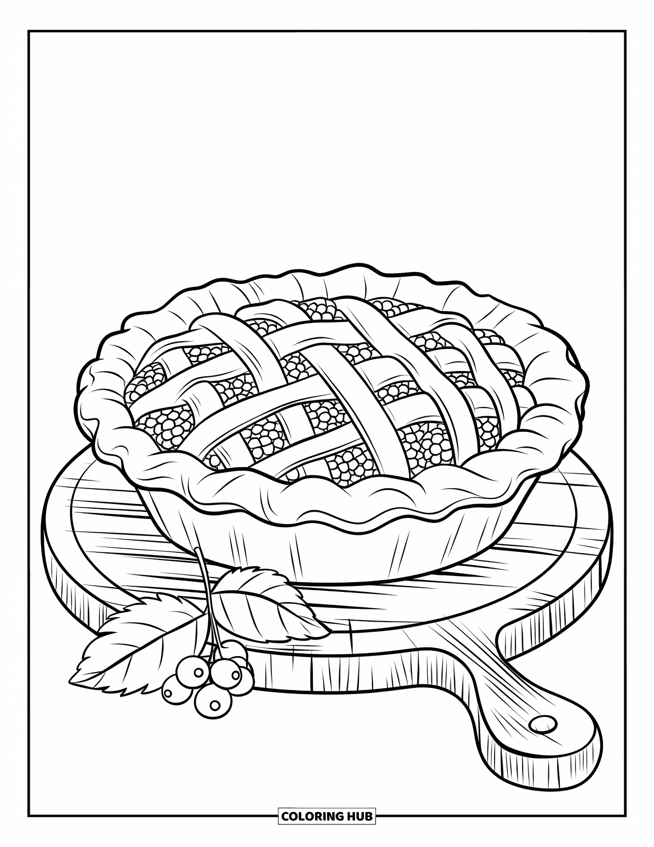 Pie Coloring Page for Kids: Blackberry pie with leaf and berry beside it on a board