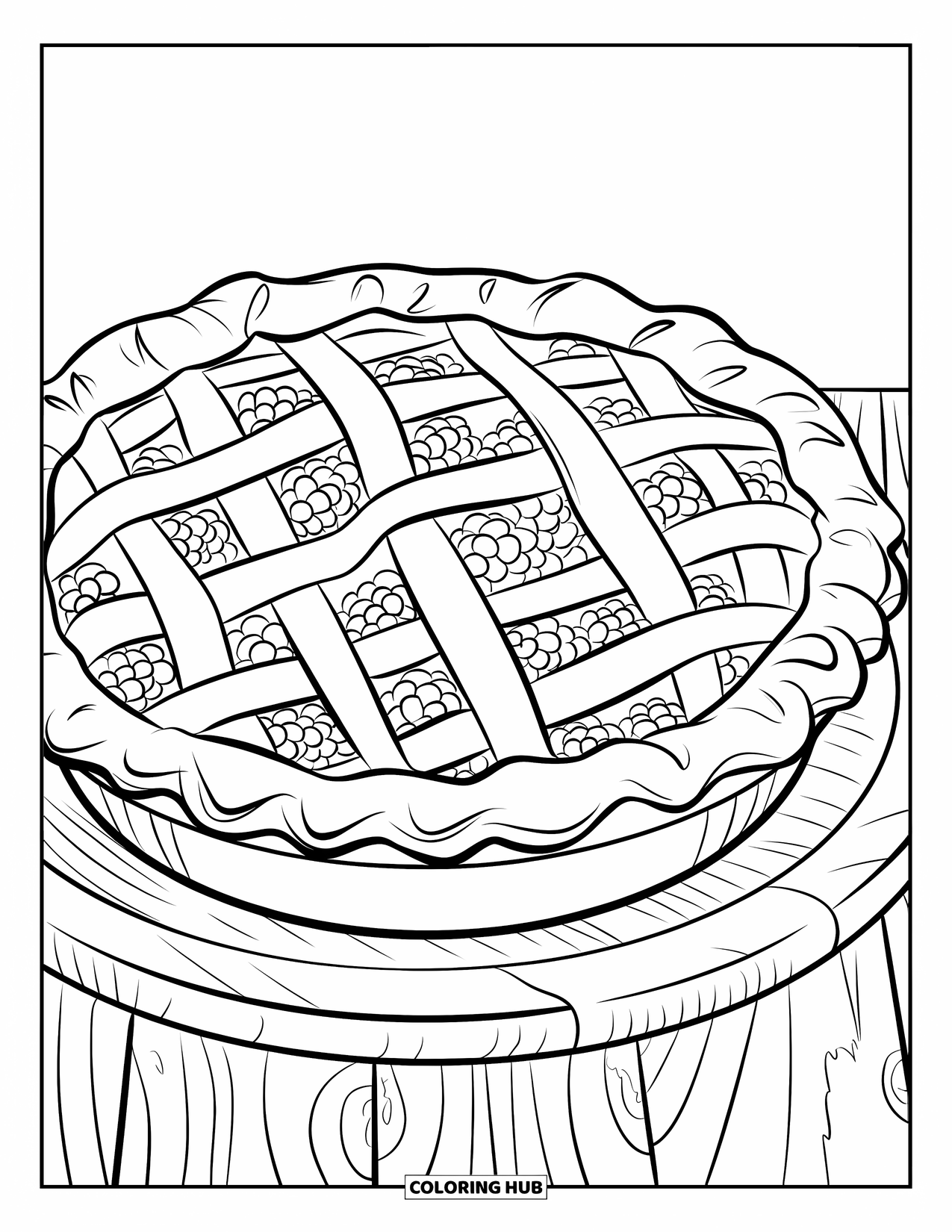 Pie Coloring Page for Kids: Blackberry pie with mesh-top crust on a wooden board