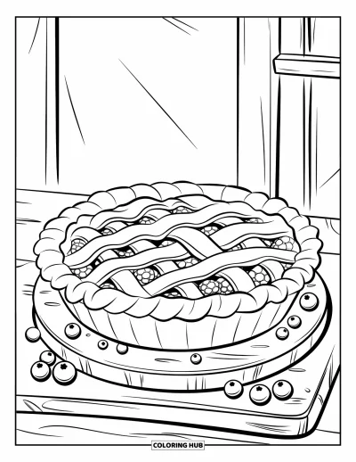 Coloriage de tarte pour enfants : Tarte aux myrtilles avec garniture bouillonnante sur une planche en bois