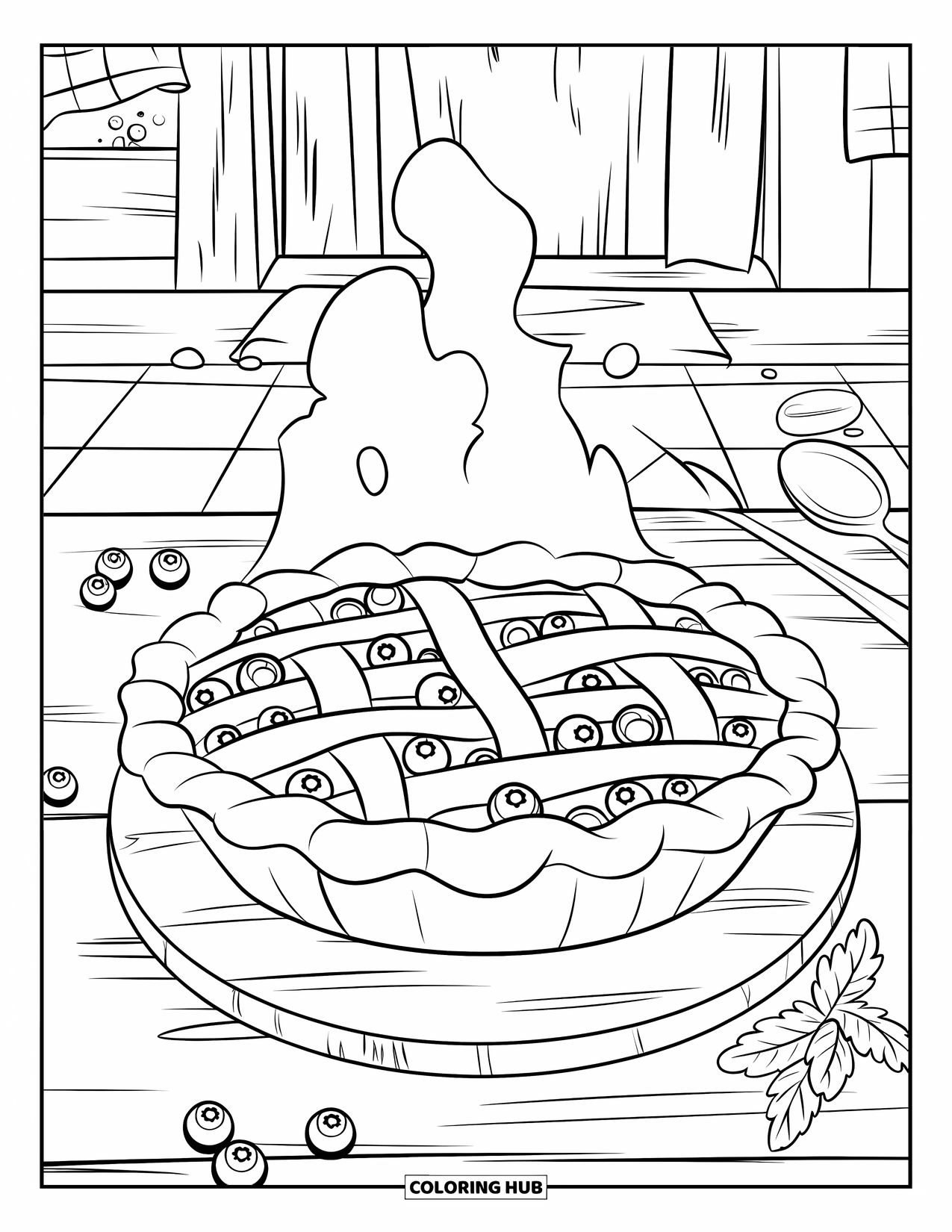 Pie Coloring Page for Kids: Blueberry pie with kitchen background and mint on the side