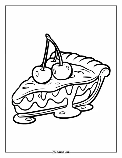 Coloriage de tarte pour enfants : Part de tarte aux cerises avec une garniture fondante et trois cerises sur le dessus