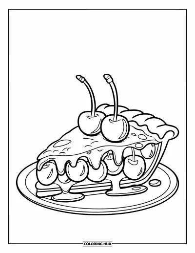 Coloriage de tarte pour enfants : Part de tarte aux cerises avec des cerises entières sur le dessus et fond simple