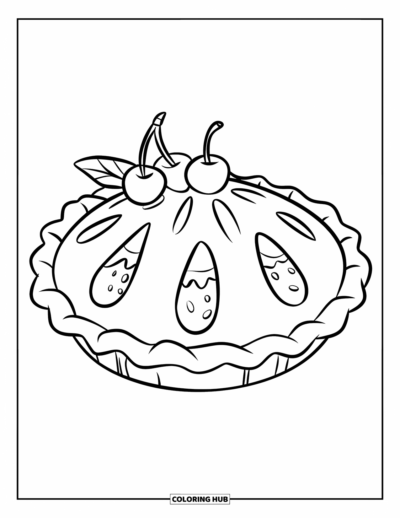 Pie Coloring Page for Kids: Cherry pie with dough ring and cherries on top