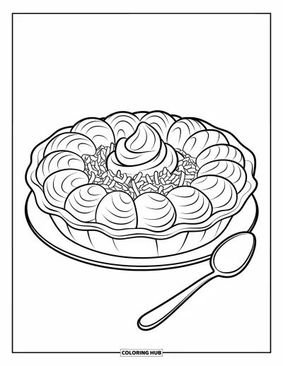 Coloriage de tarte pour enfants : Tarte à la crème de coco avec une cuillère à côté