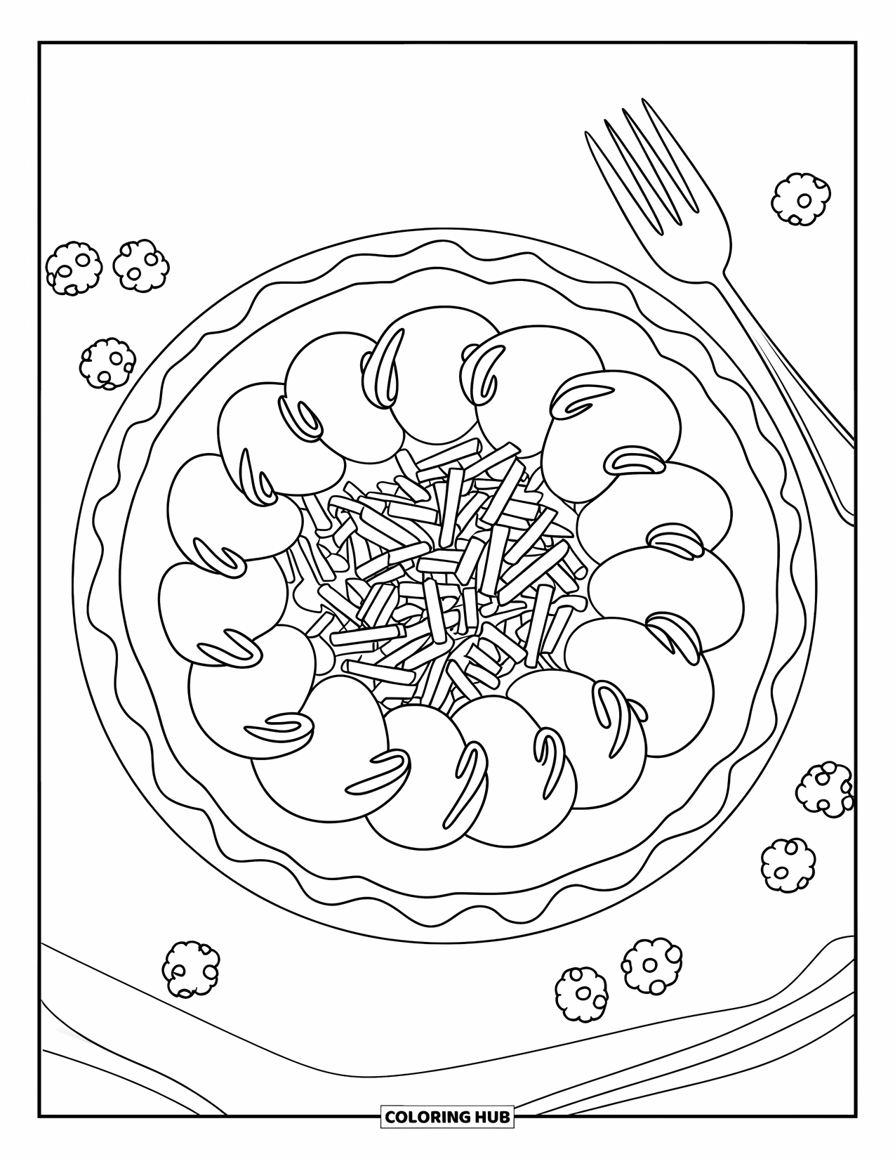 Pie Coloring Page for Kids: Coconut cream pie with berries and a fork on a white plate
