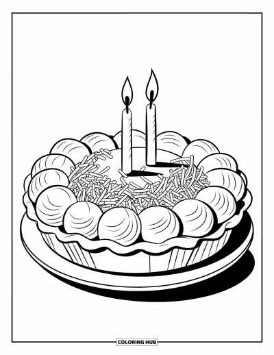 Coloriage de tarte pour enfants : Tarte à la crème de coco avec des bougies sur le dessus et fond blanc