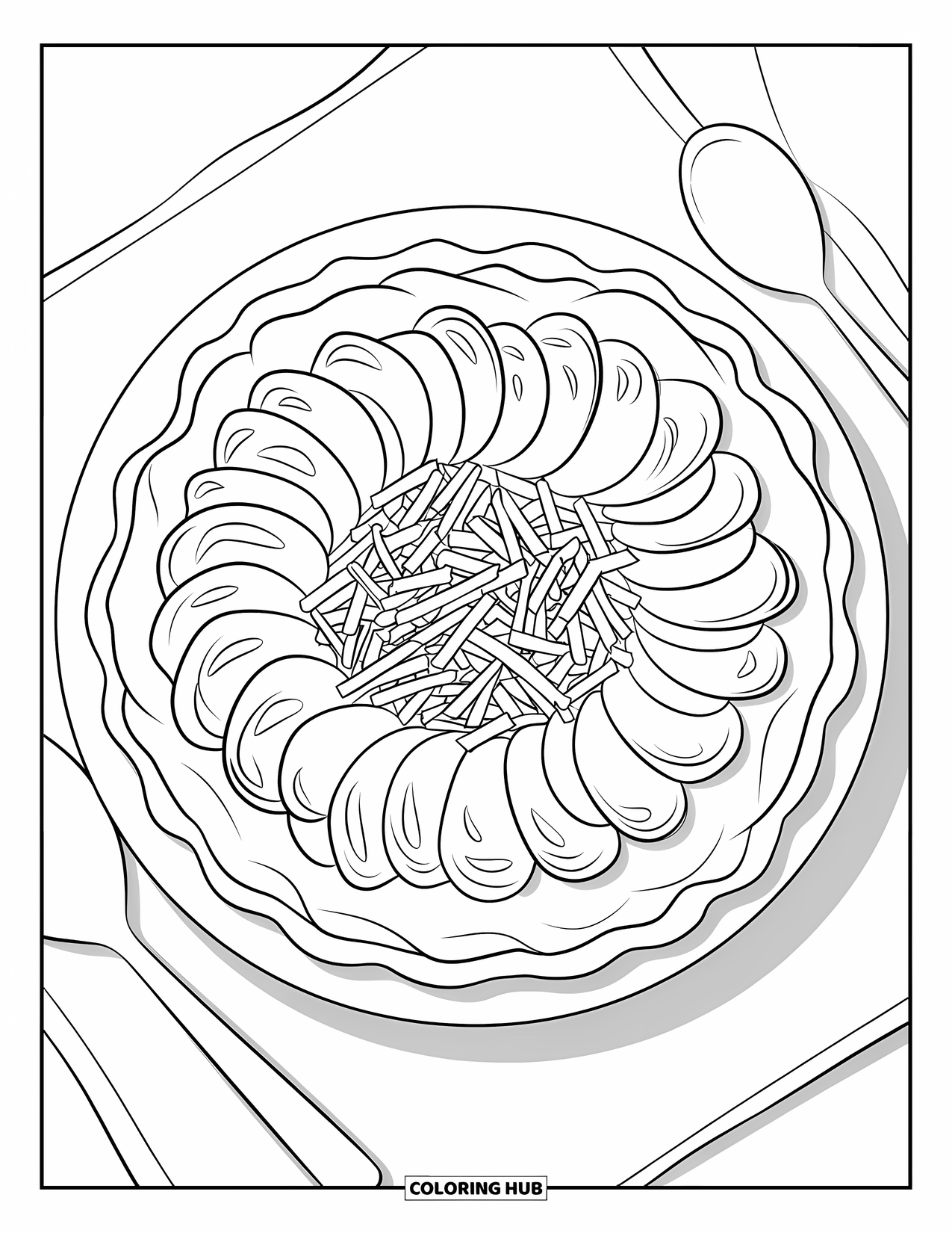Pie Coloring Page for Kids: Coconut cream pie with soft spirals and two spoons beside it