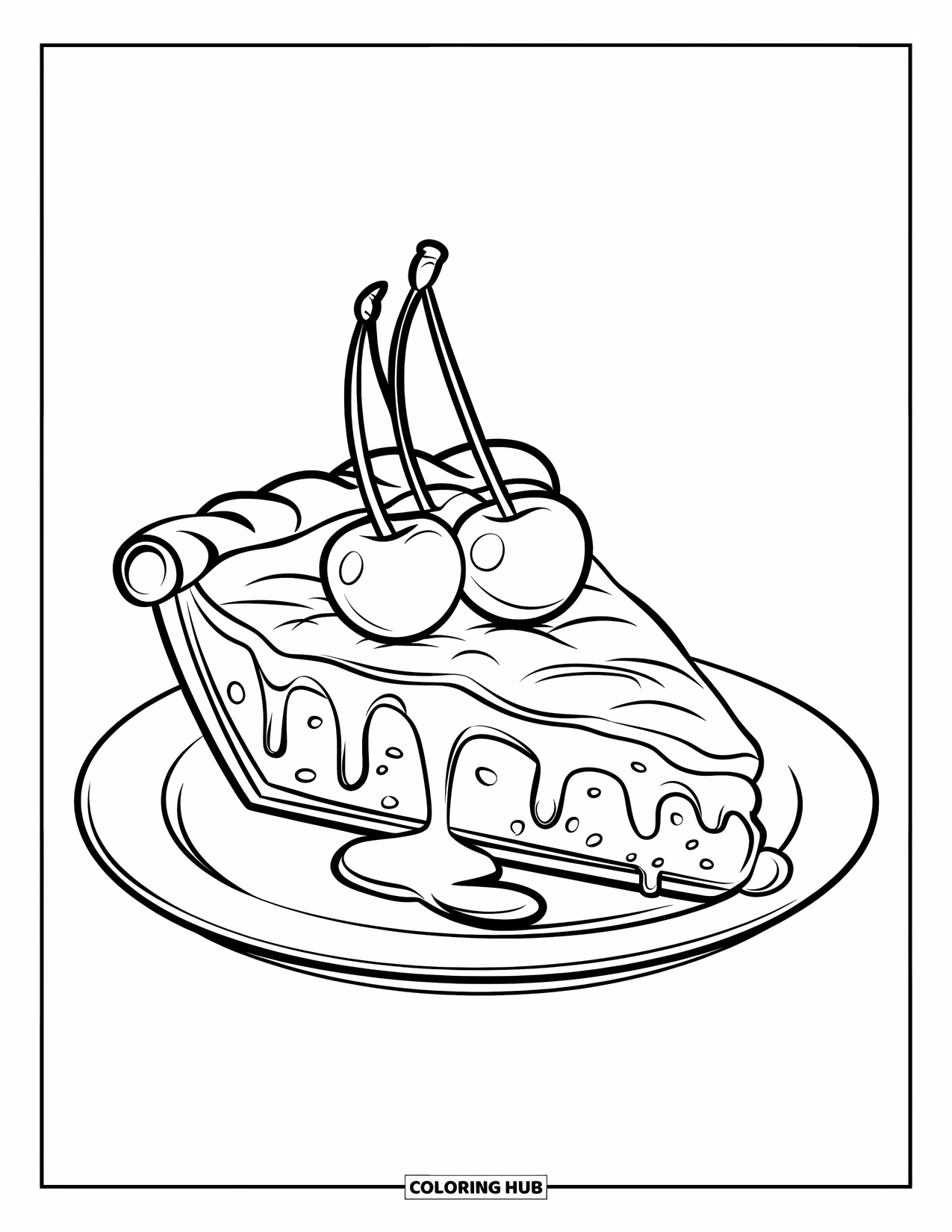 Pie Coloring Page for Kids: Gooey cherry pie slice with classic crust on a white plate