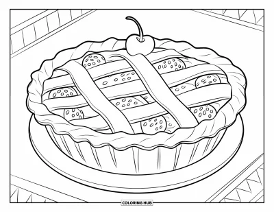 Coloriage de tarte pour enfants : Part de tarte aux fraises tressée avec une cerise sur le dessus