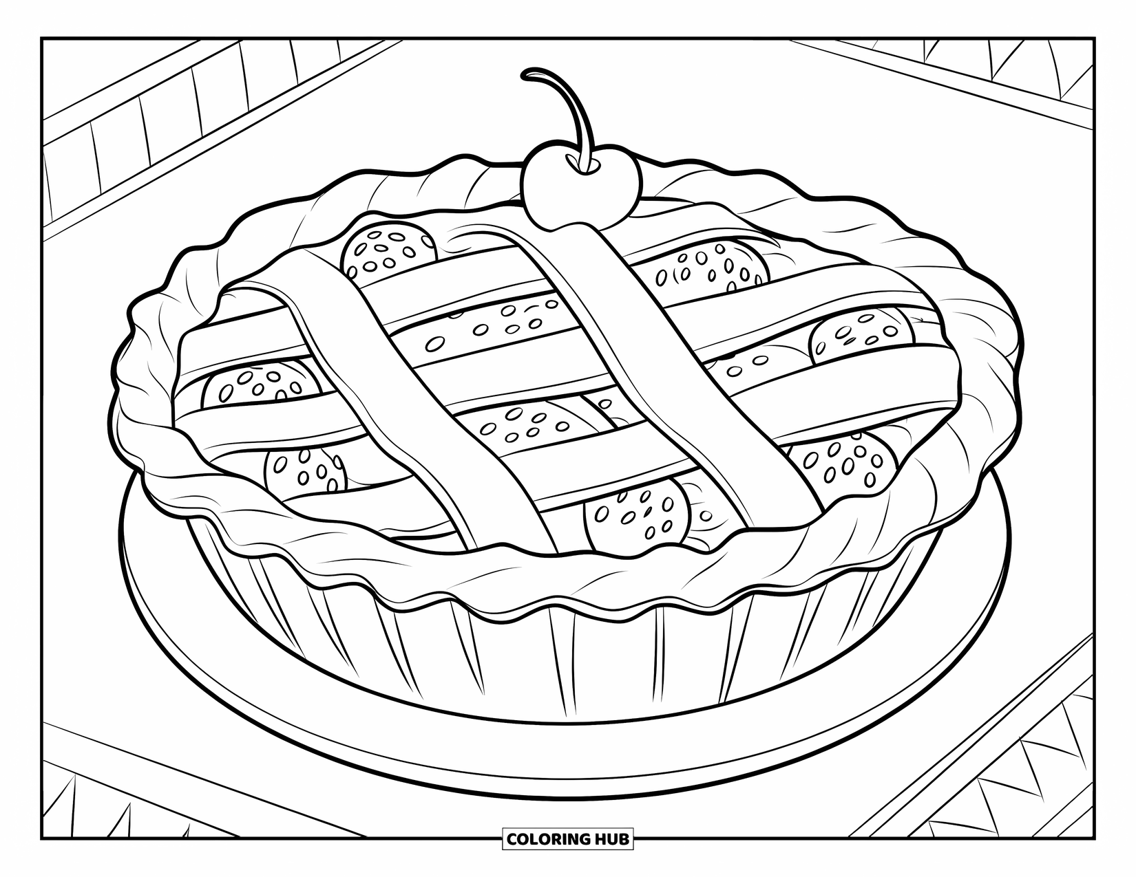 Pie Coloring Page for Kids: Lattice strawberry pie slice with a cherry on top