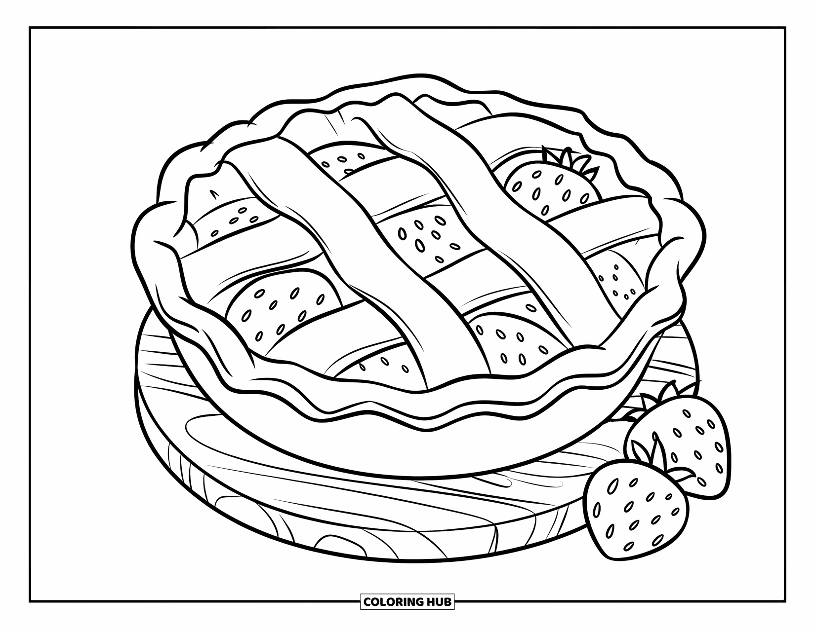 Pie Coloring Page for Kids: Lattice-topped strawberry pie with strawberries on the side