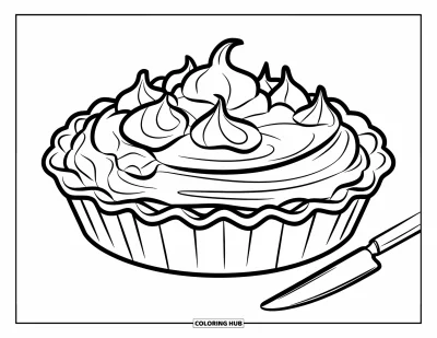Coloriage de tarte pour enfants : Tarte meringuée au citron avec un couteau à côté
