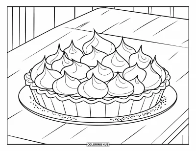 Coloriage de tarte pour enfants : Tarte meringuée au citron avec du sucre givré sur une assiette blanche