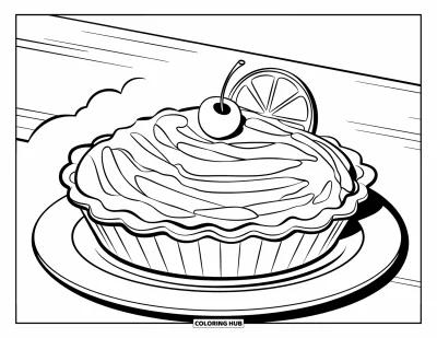 Coloriage de tarte pour enfants : Mini tarte au citron surmontée d'une rondelle de citron et d'une cerise