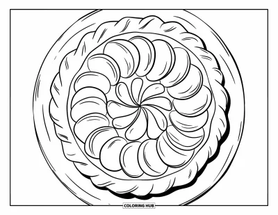 Coloriage de tarte pour enfants : Tarte aux pêches avec des pêches coupées en spirale sur une planche en bois