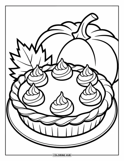 Coloriage de tarte pour enfants : Tarte à la citrouille avec une feuille et une tige à côté