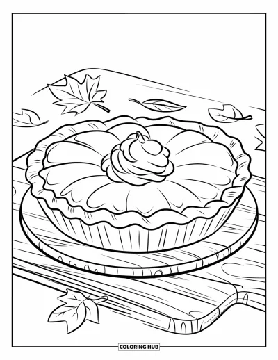 Coloriage de tarte pour enfants : Tarte à la citrouille avec des feuilles éparpillées sur une planche en bois