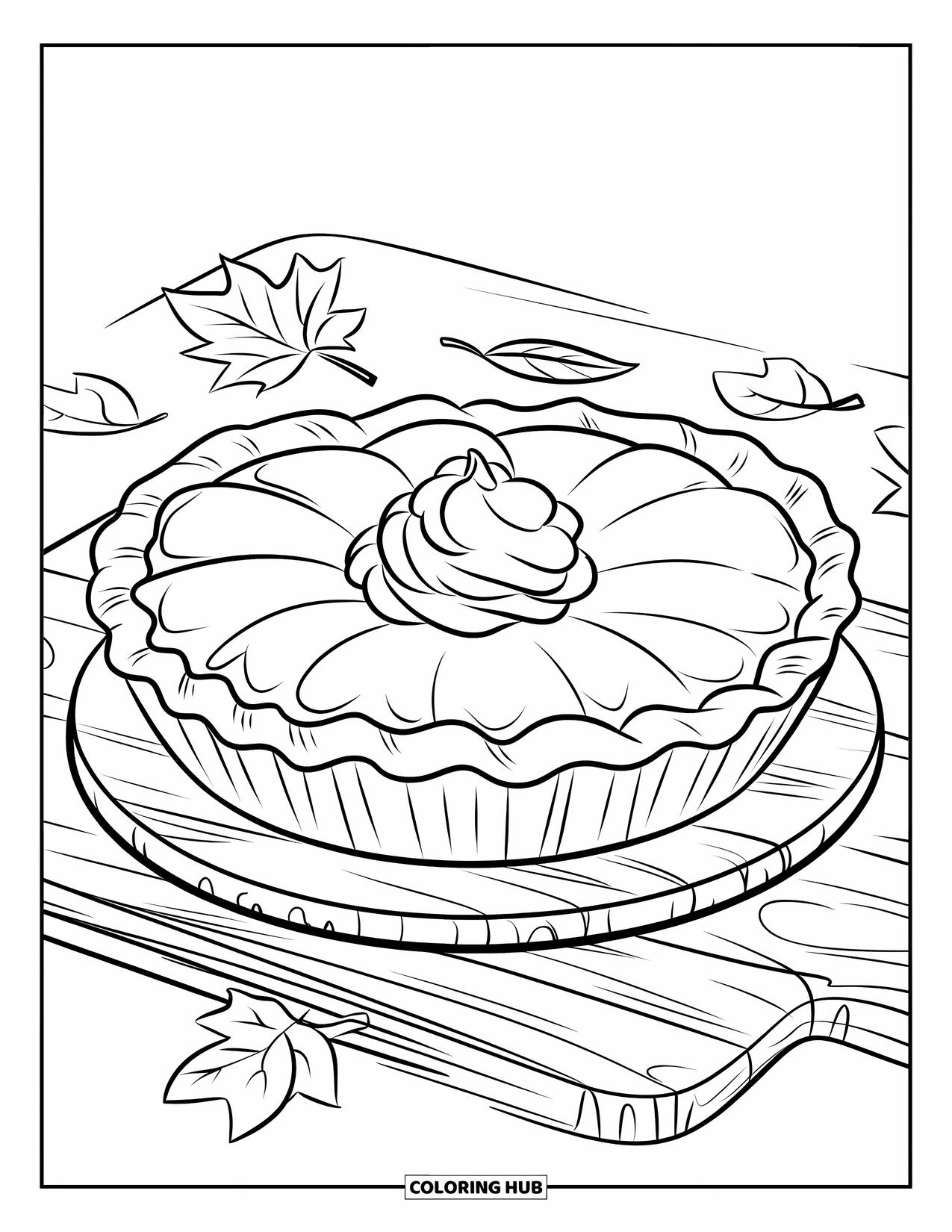 Pie Coloring Page for Kids: Pumpkin pie with scattered leaves on a wooden board