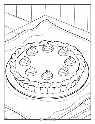 Coloriage de tarte pour enfants : Tarte à la citrouille avec six rosettes de crème fouettée et des contours marqués