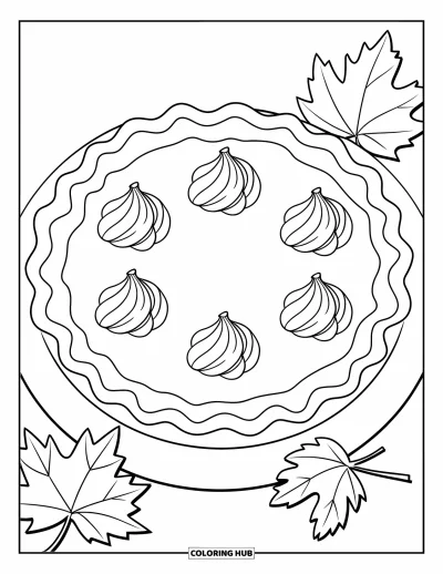 Coloriage de tarte pour enfants : Tarte à la citrouille avec deux feuilles sur l'assiette et fond blanc