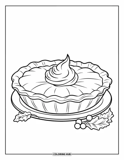 Coloriage de tarte pour enfants : Tarte à la citrouille avec crème fouettée, feuilles et baies autour