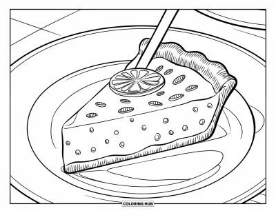 Coloriage de tarte pour enfants : Part de tarte au citron vert avec des zestes de citron sur une assiette blanche