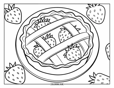 Coloriage de tarte pour enfants : Tarte aux fraises avec cinq bandes de croûte et des fraises autour