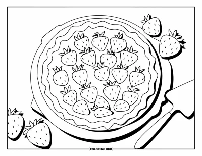 Coloriage de tarte pour enfants : Tarte aux fraises avec un glaçage, une planche en bois et une pelle à tarte à côté