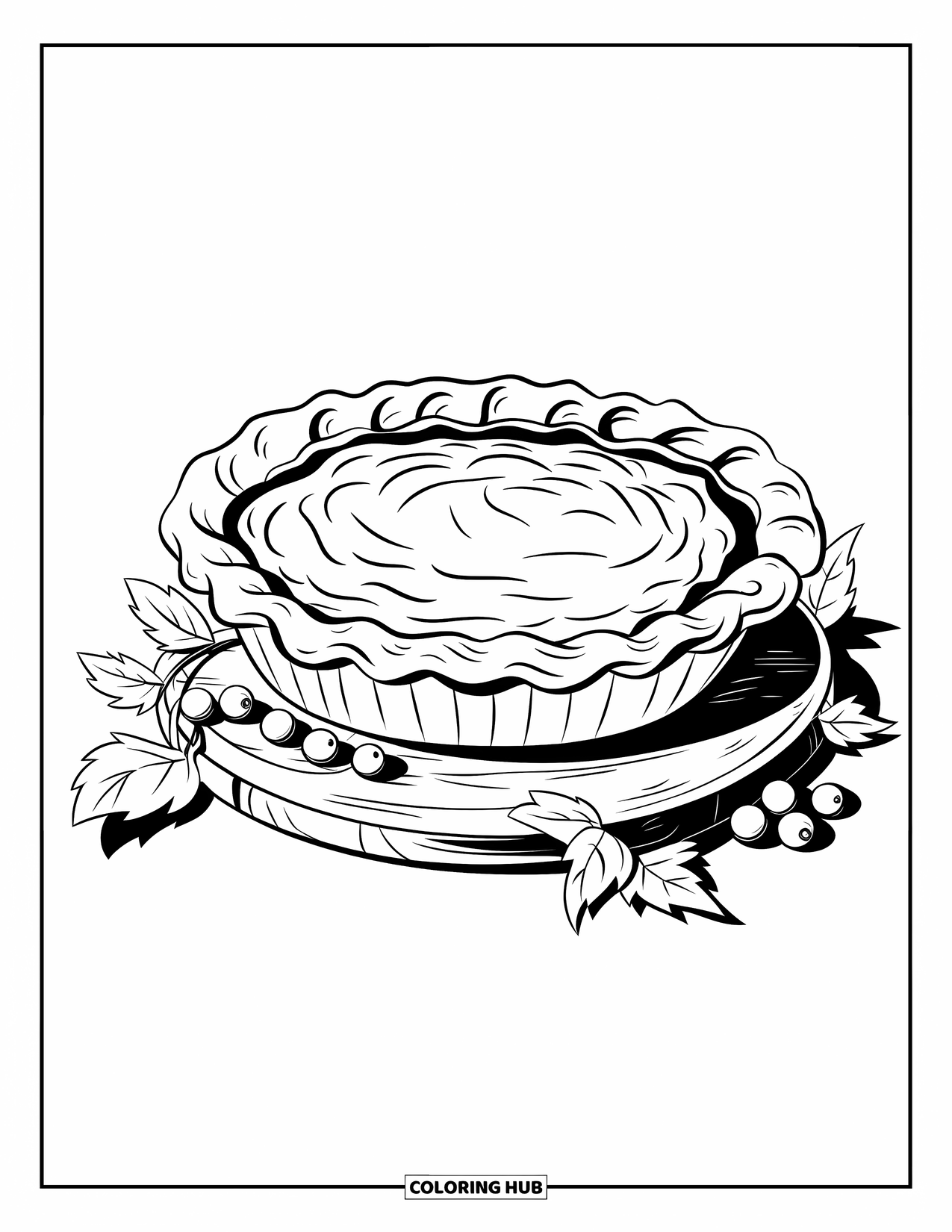 Pie Coloring Page for Kids: Sweet potato pie with fluted crust and leaves nearby