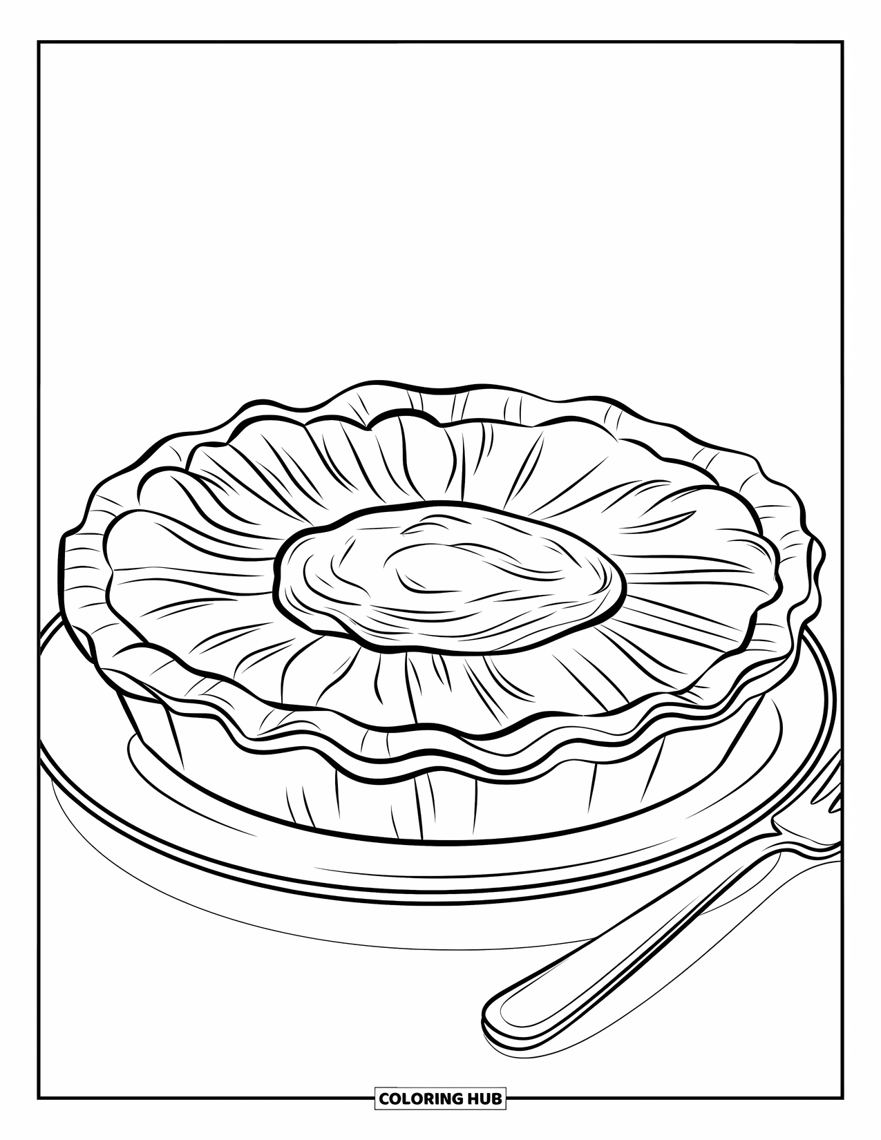 Pie Coloring Page for Kids: Sweet potato pie with fork beside it on a white plate