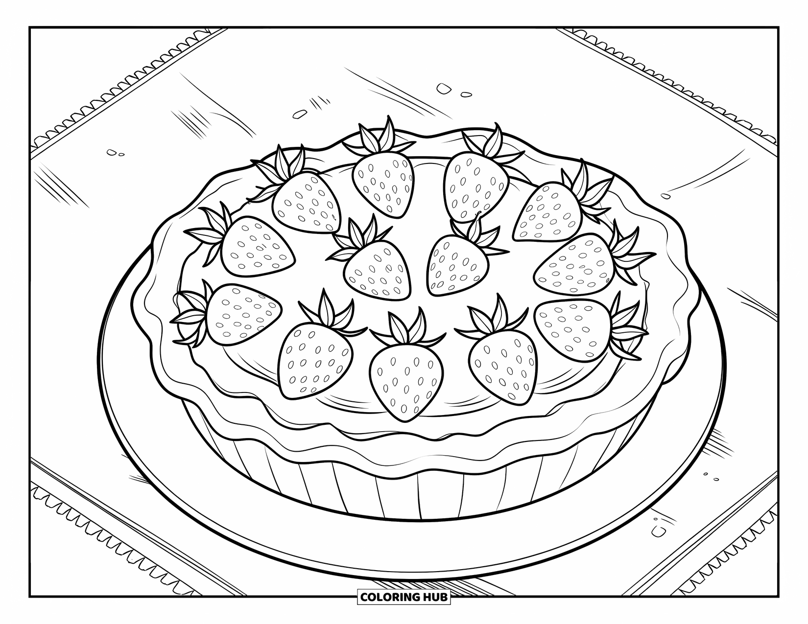 Pie Coloring Page for Kids: Vintage-style strawberry pie with crumbs on a white tablecloth