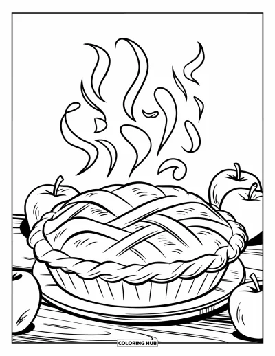 Coloriage de tarte pour enfants : Tarte aux pommes entière avec des volutes de vapeur et des pommes autour