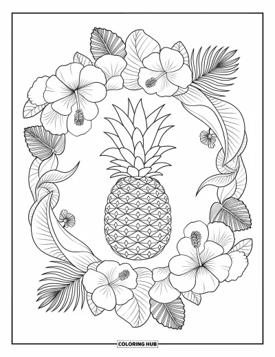 Coloriage d'ananas pour adultes : Mandala botanique avec un ananas, des hibiscus et un feuillage tropical