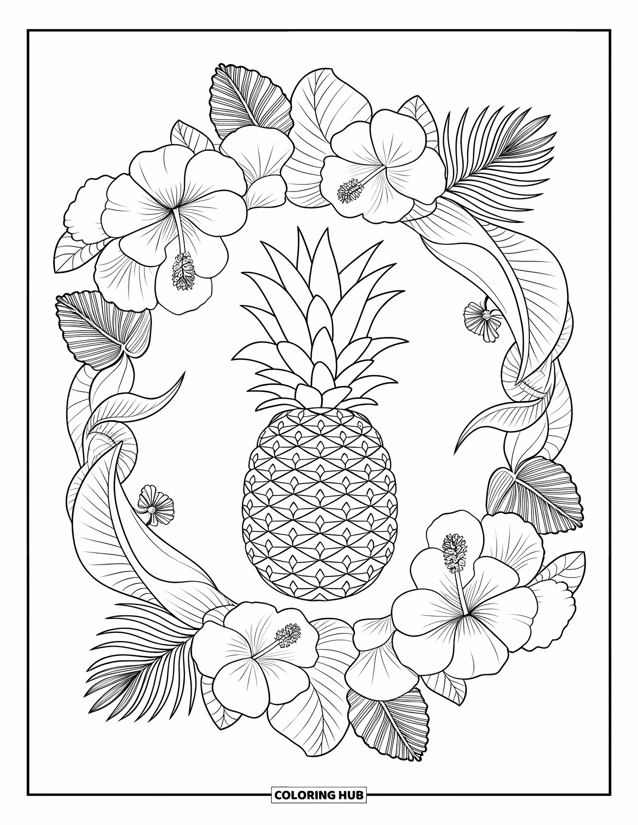 Pineapple Coloring Page for Adults: Botanical mandala with pineapple, hibiscus, and tropical foliage