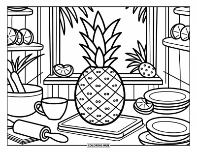 Coloriage d'ananas pour adultes : Cuisine chaleureuse avec un ananas, une tasse de thé, des ustensiles et une fenêtre aux airs tropicaux