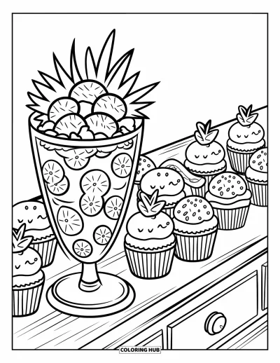 Coloriage d'ananas pour adultes : Douceurs mignonnes avec un parfait à l'ananas, des cupcakes et des biscuits sur une table rustique