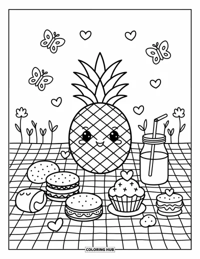 Coloriage d'ananas pour adultes : Adorable ananas qui pique-nique avec des sandwichs, des friandises et des petits cœurs qui voltigent