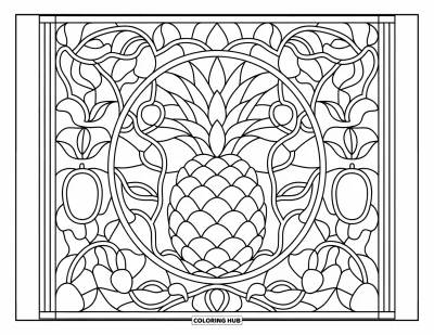 Coloriage d'ananas pour adultes : Ananas détaillé dans un style vitrail rempli de fruits et de vignes