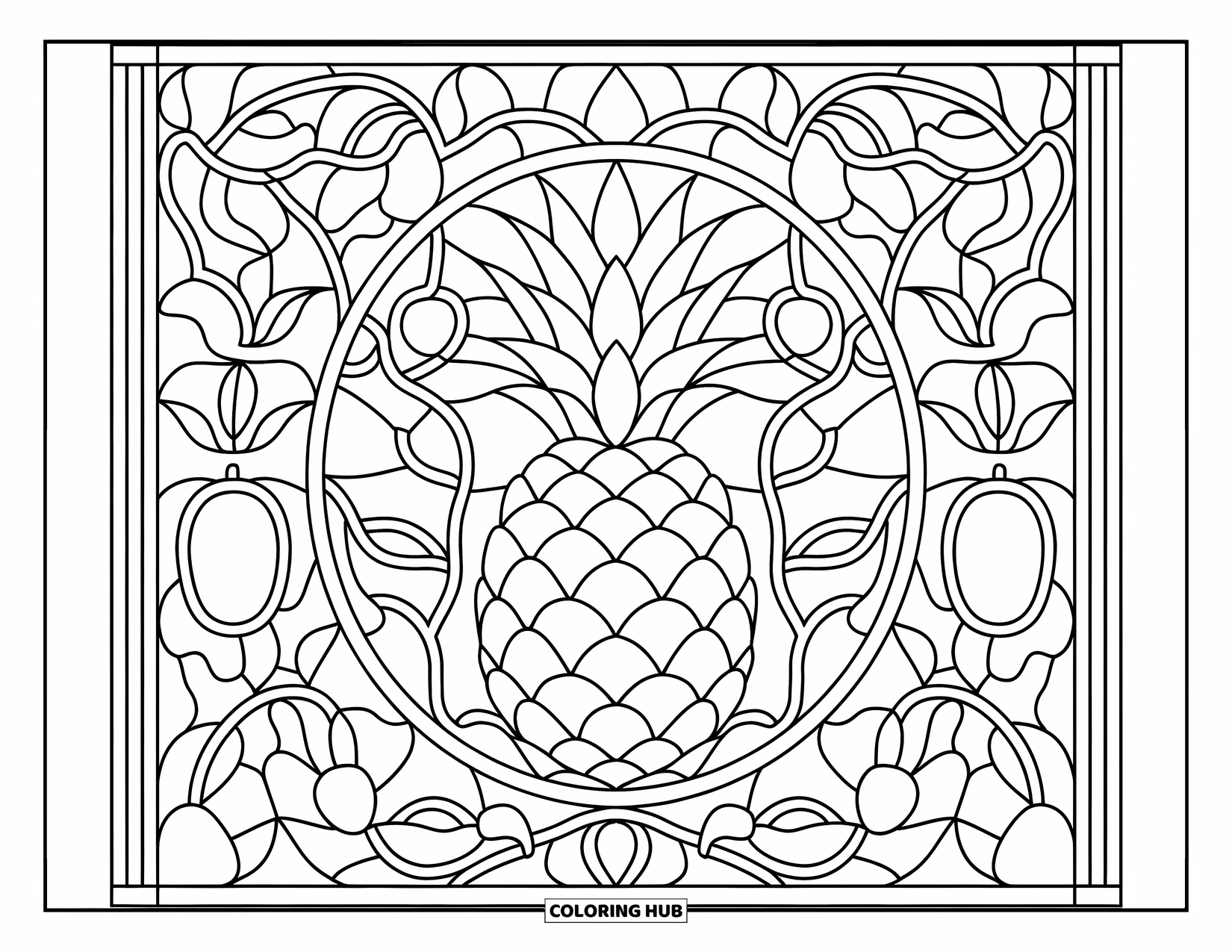 Pineapple Coloring Page for Adults: Detailed pineapple in a stained-glass style filled with fruits and vines