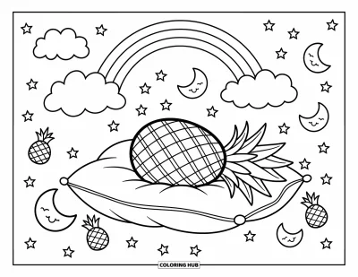 Coloriage d'ananas pour adultes : Ananas rêveur sur un nuage avec un arc-en-ciel, des étoiles endormies et des petits dessins douilllets