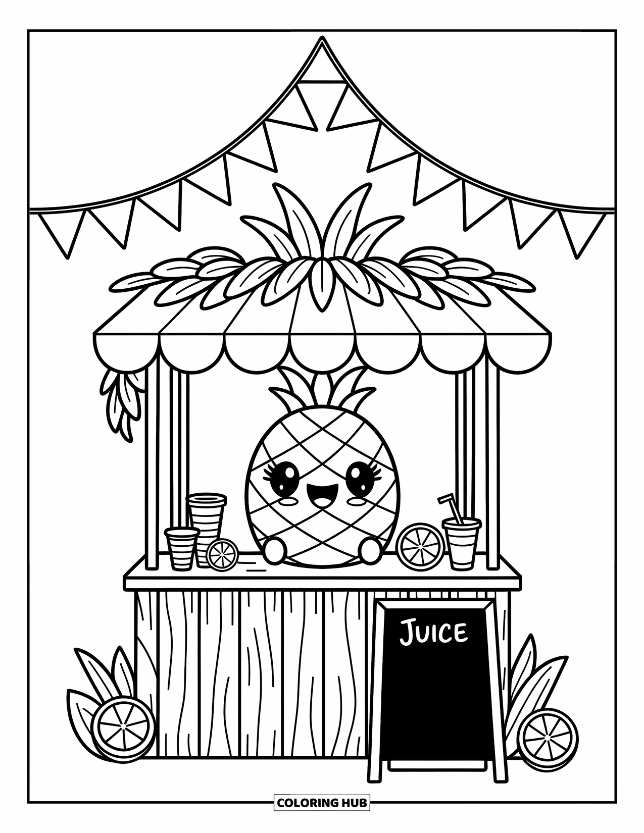 Pineapple Coloring Page for Adults: Festive pineapple juice stand with cups, citrus, and fluttering bunting flags