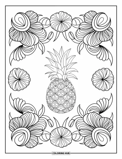Coloriage d'ananas pour adultes : Motif en dentelle florale avec un ananas au centre