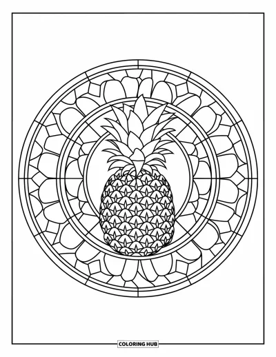 Coloriage d'ananas pour adultes : Composition géométrique en vitrail avec un ananas au centre