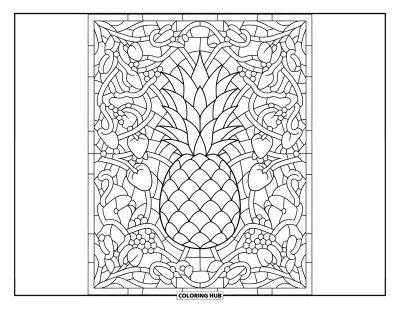 Coloriage d'ananas pour adultes : Composition élaborée en vitrail avec un ananas, des vignes et des détails de fruits tropicaux