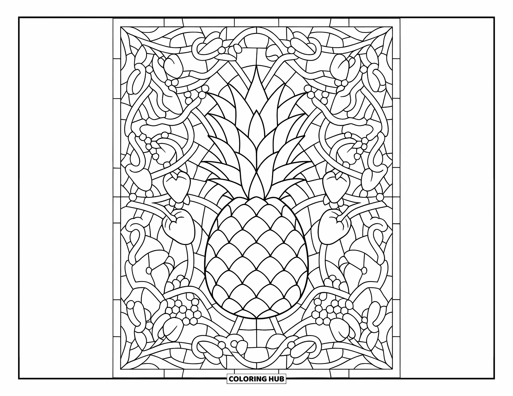Pineapple Coloring Page for Adults: Intricate stained-glass design with pineapple, vines, and tropical fruit details