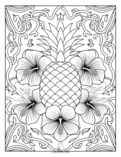 Coloriage d'ananas pour adultes : Ananas et fleurs d'hibiscus encadrés de vignes et de feuilles