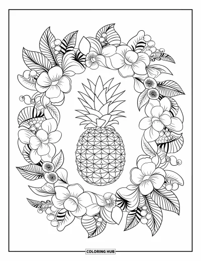 Coloriage d'ananas pour adultes : Ananas au cœur d'un mandala détaillé rempli de fleurs et de fruits