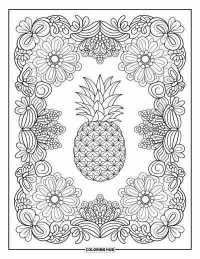 Coloriage d'ananas pour adultes : Ananas au centre d'un motif en dentelle florale aux fins détails